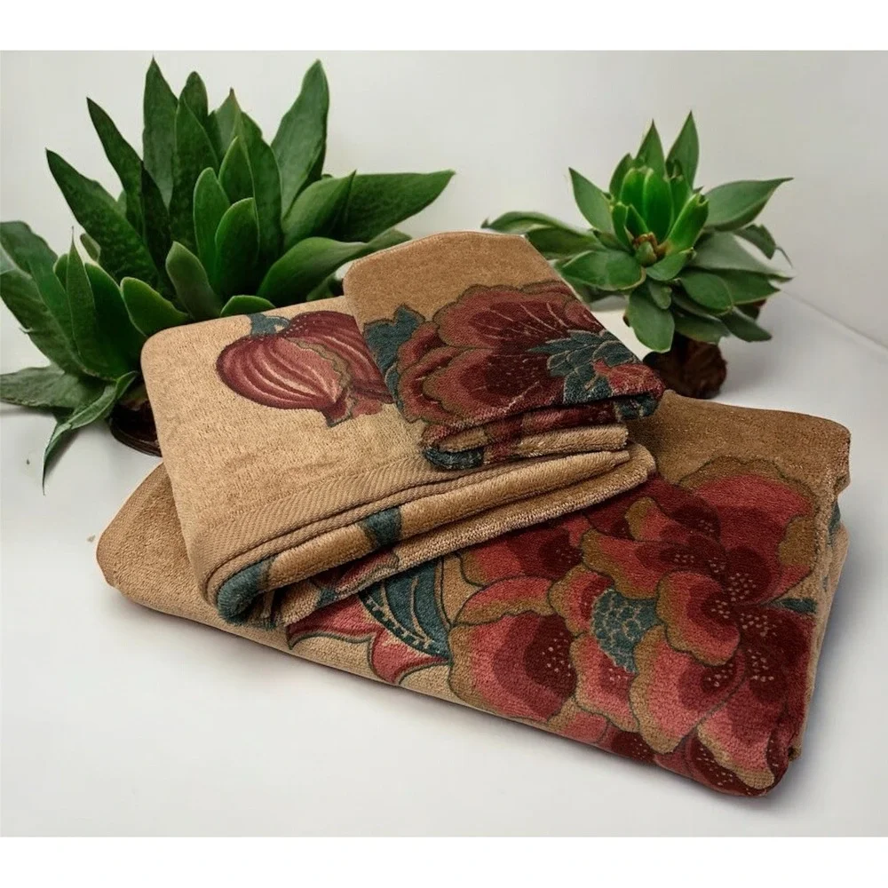 Vintage Martex Invitation Mod Floral Bath Towel Hand Wash Cloth Set New! (E3)